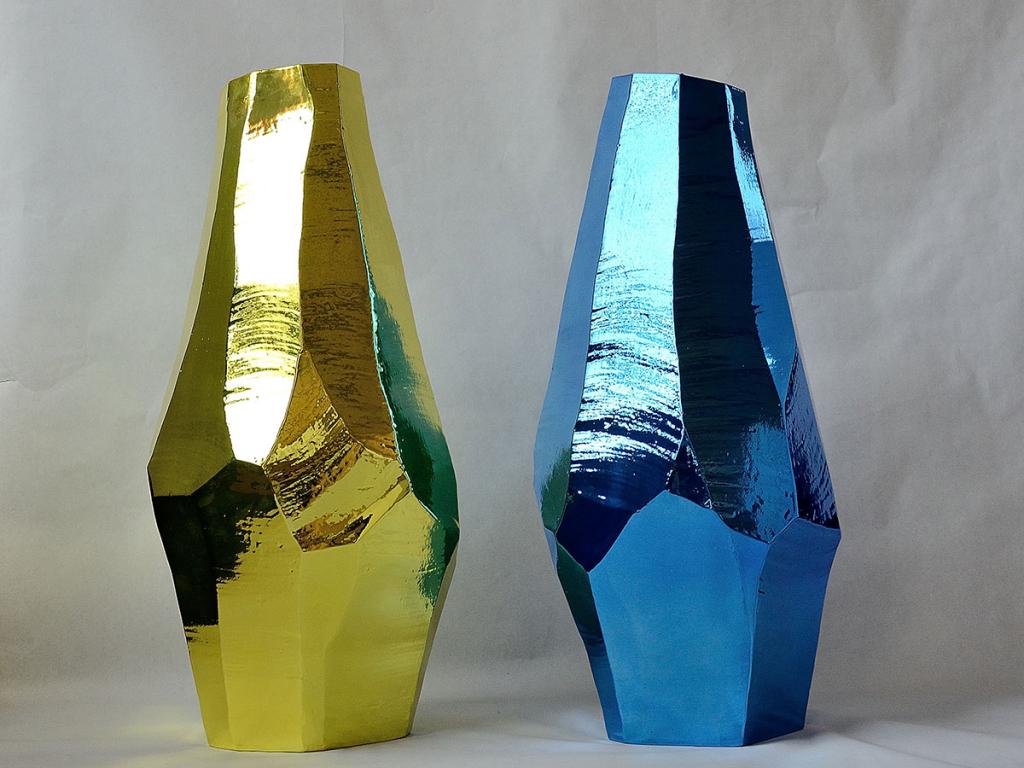 two interesting large vases, yellow and blu