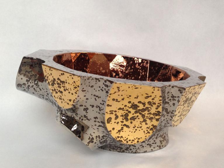 very big bowl, platinum and gold outside, bronze luster inside